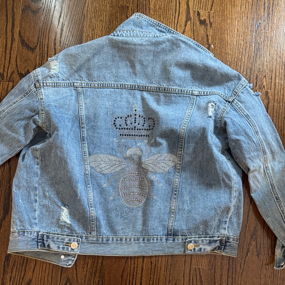 Embellished Denim Jacket with Bee and Crown
